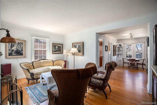 living room with baseboards and wood finished floors