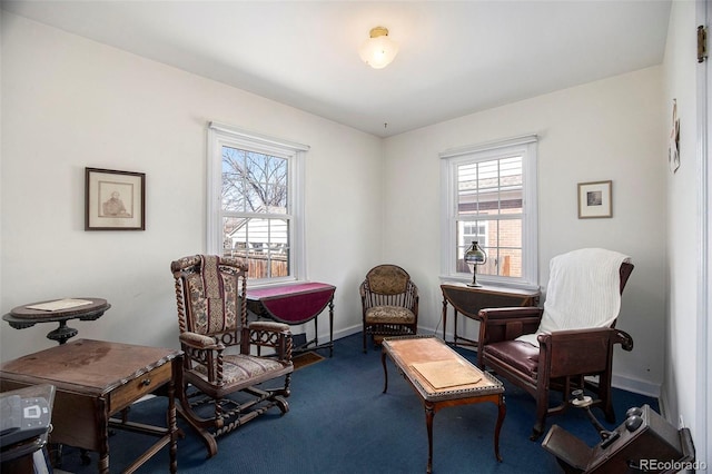 sitting room with baseboards and carpet