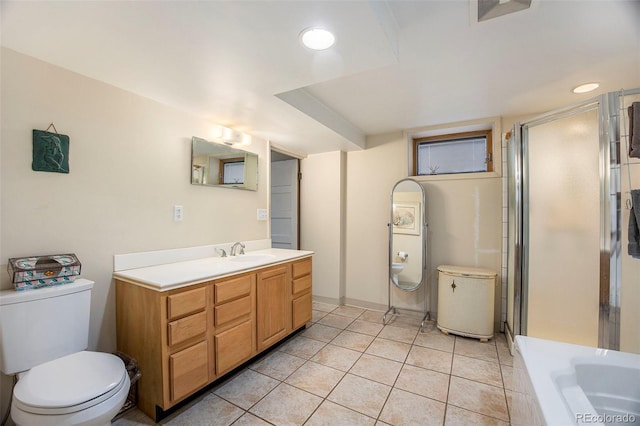 full bath with vanity, recessed lighting, a stall shower, tile patterned flooring, and toilet