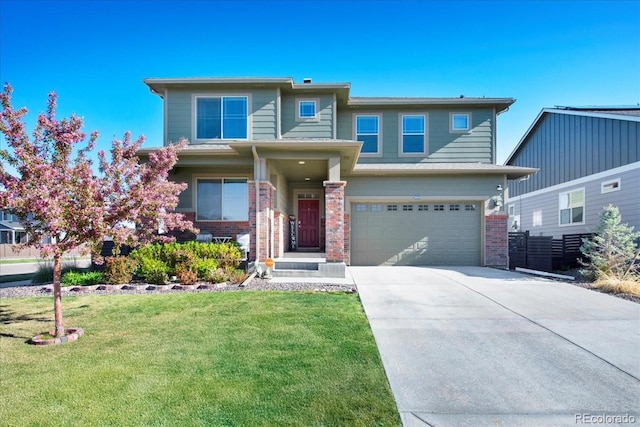 view of front of house with fence, a front lawn, brick siding, a garage, and driveway