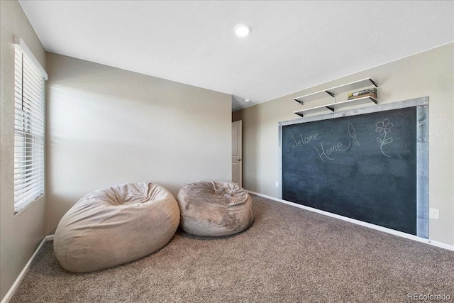 living area with baseboards and carpet