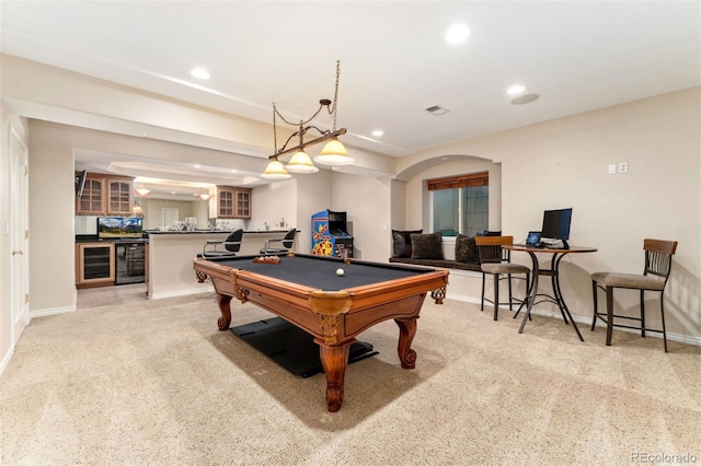 7 Sandpiper Cir, Thornton, CO 80241 - recreation room featuring bar with sink, light carpet, wine cooler, billiards table, and recessed lighting