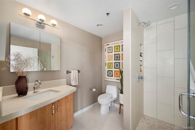 bathroom featuring walk in shower, tile patterned floors, vanity, and toilet