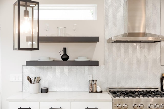 2040 W 45th Ave, Denver, CO 80211 - kitchen with wall chimney exhaust hood, open shelves, range, tasteful backsplash, and light countertops