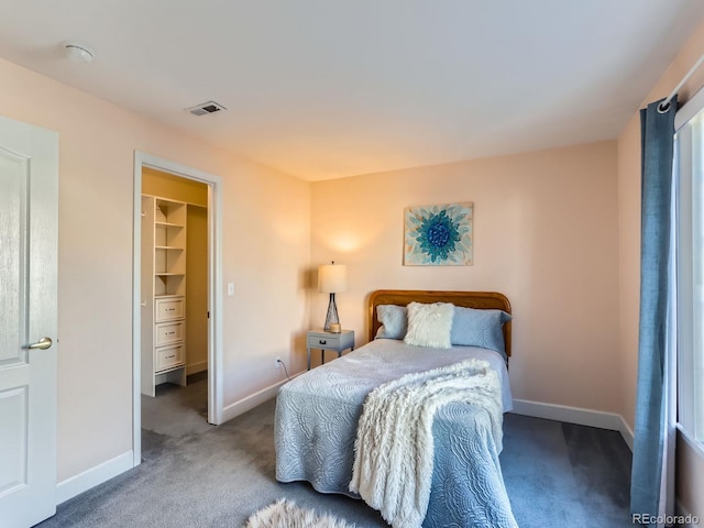 bedroom with a walk in closet, carpet floors, and a closet