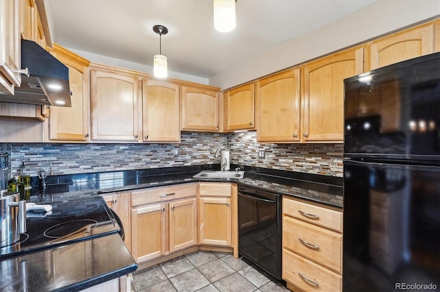 5416 S Lakeview St, Littleton, CO 80120 - kitchen with black appliances, extractor fan, light brown cabinets, light tile patterned floors, and backsplash