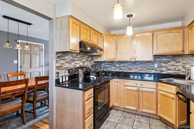 5416 S Lakeview St, Littleton, CO 80120 - kitchen with black appliances, under cabinet range hood, light brown cabinets, backsplash, and hanging light fixtures