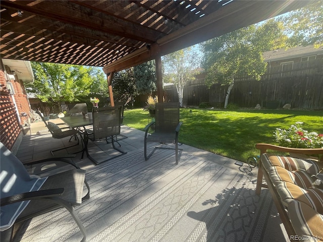 5416 S Lakeview St, Littleton, CO 80120 - wooden deck with a pergola, a fenced backyard, outdoor dining area, and a patio