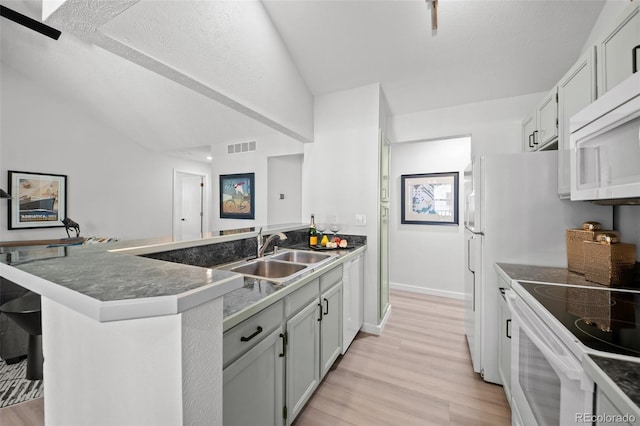 6755 S Field St Unit 625, Littleton, CO 80128 - kitchen with a sink, white appliances, a peninsula, light wood-style flooring, and baseboards