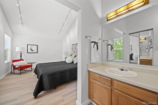6755 S Field St Unit 625, Littleton, CO 80128 - ensuite bathroom with rail lighting, wood finished floors, lofted ceiling, and vanity
