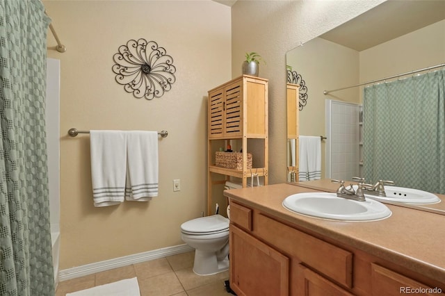 full bathroom featuring shower / tub combo with curtain, toilet, tile patterned flooring, and vanity