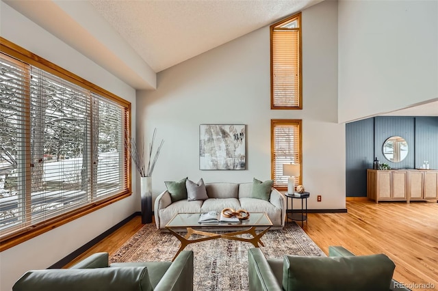 living room featuring high vaulted ceiling, a textured ceiling, baseboards, and wood finished floors