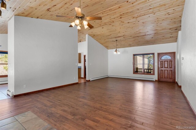 4860 County Road 140, Westcliffe, CO 81252 - unfurnished living room with a ceiling fan, wood ceiling, high vaulted ceiling, hardwood / wood-style floors, and a baseboard heating unit