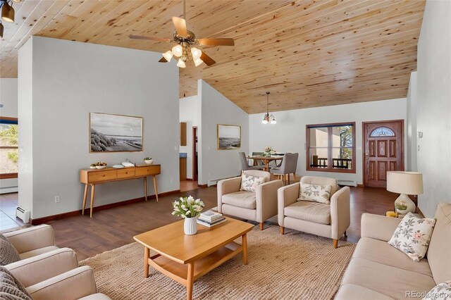 4860 County Road 140, Westcliffe, CO 81252 - living room featuring wooden ceiling, a ceiling fan, wood finished floors, baseboards, and high vaulted ceiling