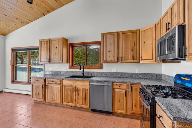 4860 County Road 140, Westcliffe, CO 81252 - kitchen featuring appliances with stainless steel finishes, a sink, a baseboard heating unit, light tile patterned floors, and high vaulted ceiling