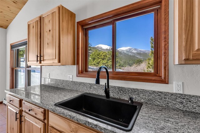 4860 County Road 140, Westcliffe, CO 81252 - kitchen with a sink, a mountain view, light brown cabinetry, lofted ceiling, and wood ceiling