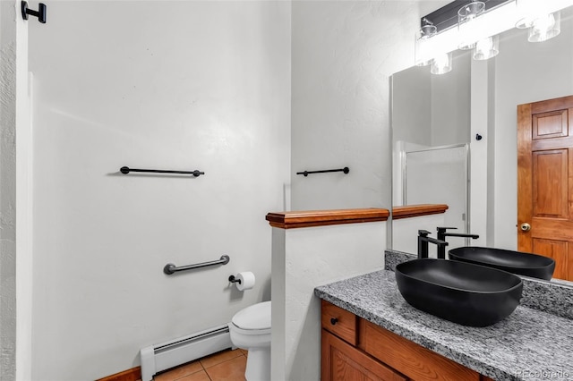 4860 County Road 140, Westcliffe, CO 81252 - bathroom featuring baseboard heating, tile patterned flooring, vanity, toilet, and a shower with shower door