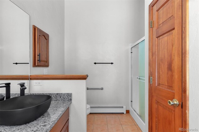 4860 County Road 140, Westcliffe, CO 81252 - bathroom featuring a baseboard heating unit, a stall shower, vanity, tile patterned floors, and toilet