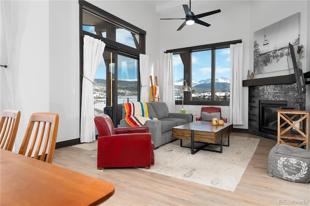 living room featuring a mountain view, a healthy amount of sunlight, and light hardwood / wood-style flooring