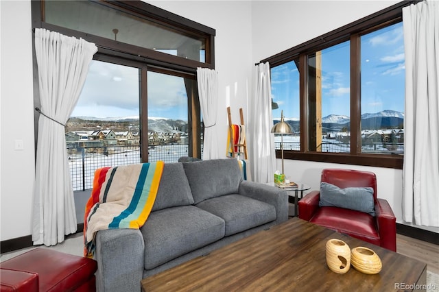 living room with a healthy amount of sunlight, a mountain view, and hardwood / wood-style floors