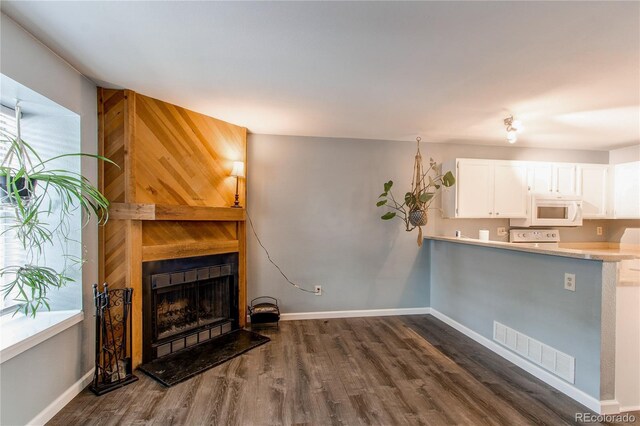 1128 S Ventura Cir Unit K, Aurora, CO 80017 - unfurnished living room with dark wood finished floors, a fireplace, and baseboards