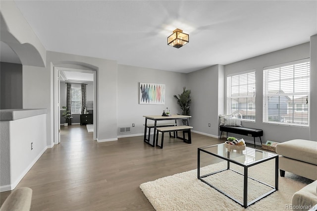 living area featuring wood finished floors, baseboards, and arched walkways
