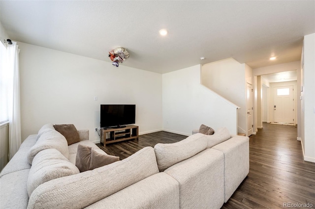 129 S Waterloo St, Aurora, CO 80018 - living room featuring dark wood-style floors, recessed lighting, and stairway