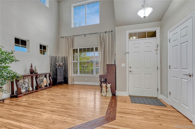entrance foyer featuring wood finished floors, baseboards, and a high ceiling