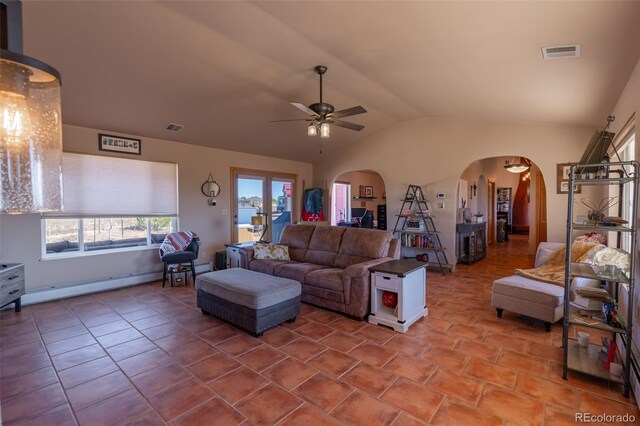 living room with a baseboard heating unit, french doors, vaulted ceiling, tile patterned flooring, and ceiling fan