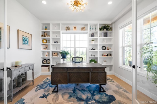 8357 W 68th Ln, Arvada, CO 80004 - office featuring light wood-style floors, baseboards, a chandelier, and recessed lighting