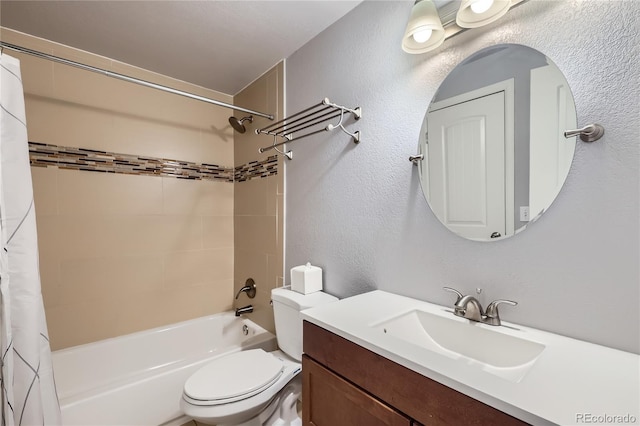 bathroom featuring vanity, shower / tub combo, a textured wall, and toilet