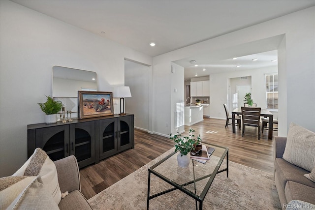 living room with dark hardwood / wood-style flooring and sink