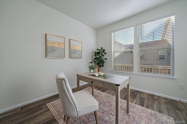 home office featuring dark hardwood / wood-style floors