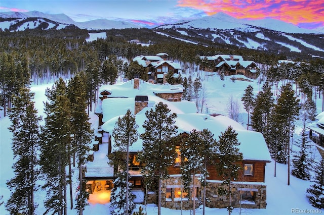 snowy aerial view featuring a mountain view