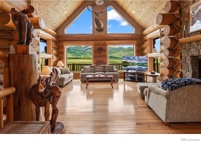 1000 N County Road 33, Como, CO 80432 - living area featuring a stone fireplace, rustic walls, high vaulted ceiling, light wood finished floors, and wood ceiling