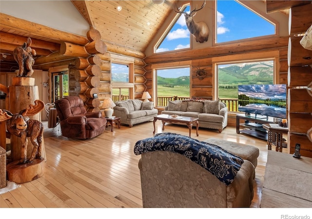 1000 N County Road 33, Como, CO 80432 - living room with log walls, high vaulted ceiling, light wood-style flooring, and wooden ceiling