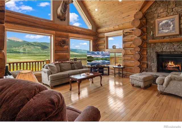 1000 N County Road 33, Como, CO 80432 - living room with rustic walls, high vaulted ceiling, wood-type flooring, a fireplace, and a wood ceiling with exposed beams