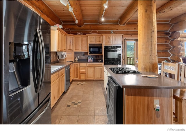 1000 N County Road 33, Como, CO 80432 - kitchen with black appliances, light brown cabinets, log walls, a wood ceiling with exposed beams, and light tile patterned floors