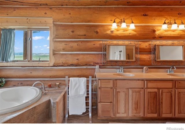 1000 N County Road 33, Como, CO 80432 - bathroom with rustic walls, double vanity, a garden tub, and tile patterned flooring