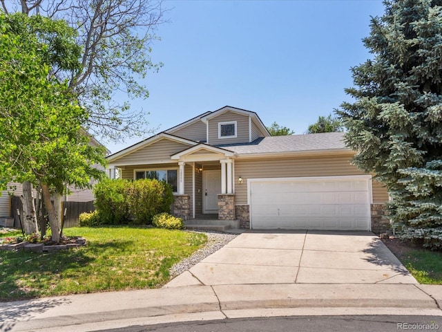 12555 Eastlake Dr, Thornton, CO 80241 - craftsman house with stone siding, a garage, and driveway
