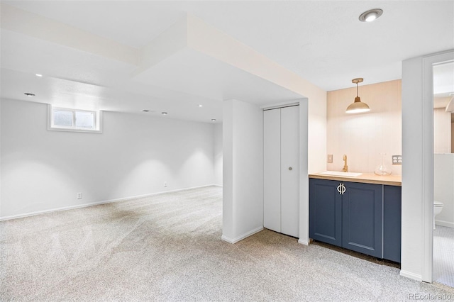 1335 Jasmine St, Denver, CO 80220 - indoor wet bar featuring light carpet, decorative light fixtures, and recessed lighting