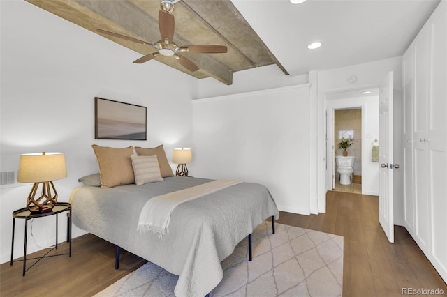 bedroom featuring beamed ceiling, recessed lighting, a ceiling fan, and wood finished floors