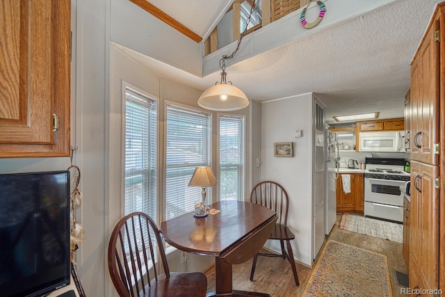 10795 County Road 197a Unit 184, Nathrop, CO 81236 - dining space with light wood-style flooring, lofted ceiling, and a textured ceiling