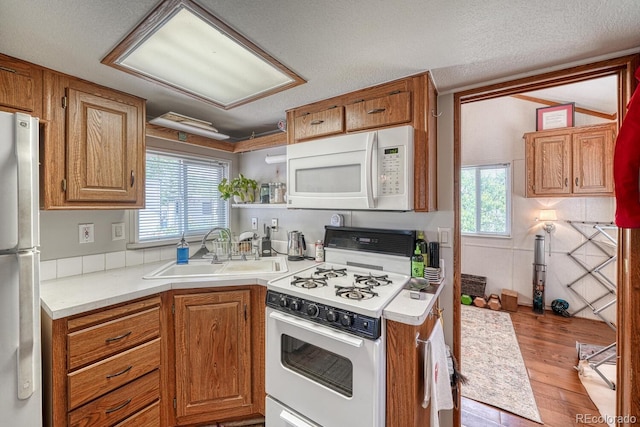 10795 County Road 197a Unit 184, Nathrop, CO 81236 - kitchen with white appliances, light wood-style flooring, plenty of natural light, light countertops, and a textured ceiling