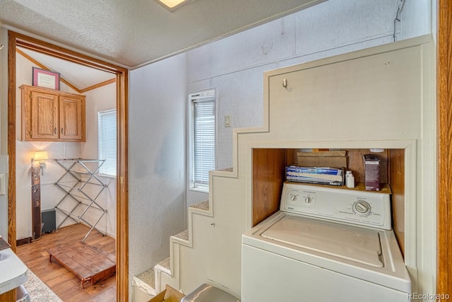 10795 County Road 197a Unit 184, Nathrop, CO 81236 - washroom with washer / clothes dryer, light wood-style floors, and a textured ceiling