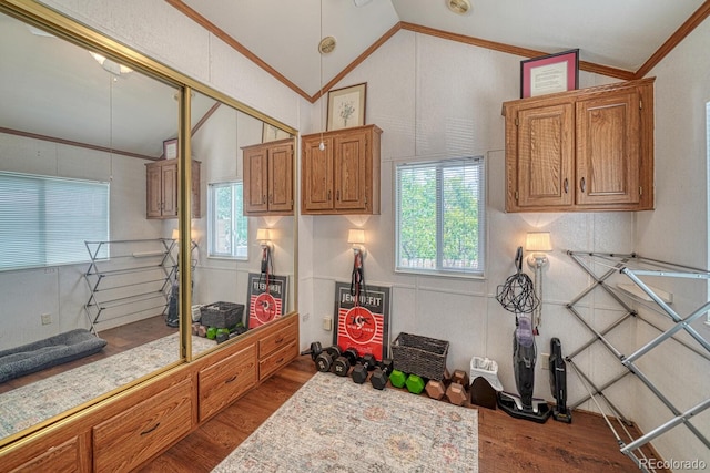 10795 County Road 197a Unit 184, Nathrop, CO 81236 - game room with ornamental molding, vaulted ceiling, and wood finished floors