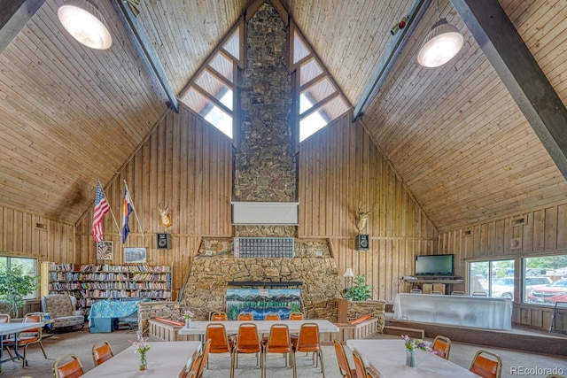 10795 County Road 197a Unit 184, Nathrop, CO 81236 - living room with high vaulted ceiling, wood walls, plenty of natural light, a fireplace, and wood ceiling
