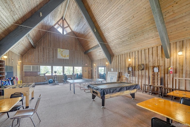 10795 County Road 197a Unit 184, Nathrop, CO 81236 - playroom with high vaulted ceiling, wood walls, pool table, carpet floors, and a wood ceiling with exposed beams