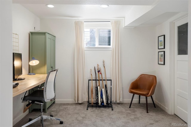 office area with recessed lighting, light colored carpet, and baseboards