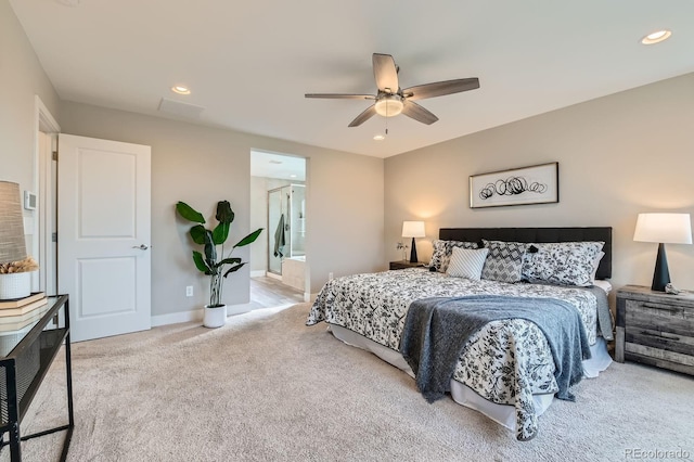 38 Morgan Cir, Erie, CO 80516 - carpeted bedroom featuring recessed lighting, baseboards, a ceiling fan, and ensuite bath
